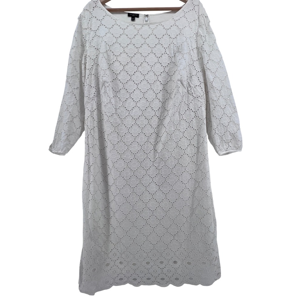Talbots White Eyelet Shift Dress 3/4 Sleeve Scalloped Hem Cotton Lined 16W